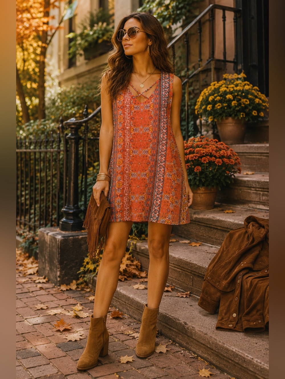 C Orange Paisley Print A Line Mini Dress Criss Cross Neck Small